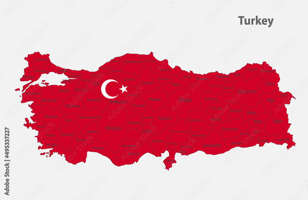 Map of the Turkey in the colors of the flag, administrative divisions vector Map of the Turkey in the colors of the flag, administrative divisions vector