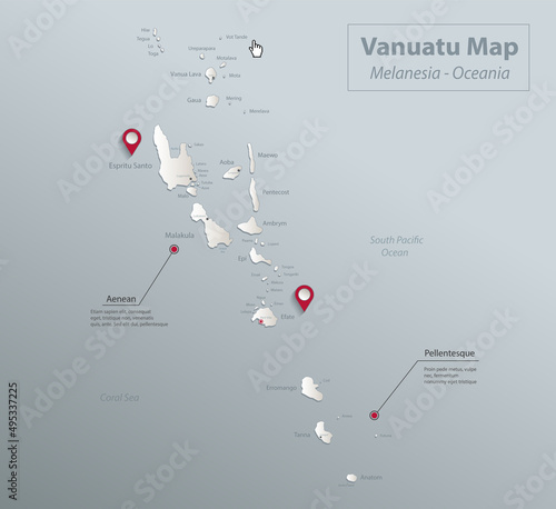 Vanuatu map, islands with names and city, blue white card paper 3D vector