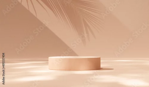 Obraz Summer sand 3d background podium product scene display stand of minimal platform pedestal template showcase or empty cosmetic presentation stage and geometric showcase beauty on hot tropical backdrop.