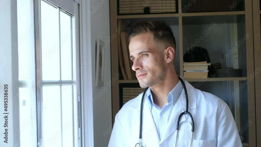 Pensive young male caucasian doctor in white medical uniform look in window distance thinking or pondering, serious man GP plan future career or success in medicine, visualize at workplace writing
Pensive young male caucasian doctor in white medical uniform look in window distance thinking or pondering, serious man GP plan future career or success in medicine, visualize at workplace writing
