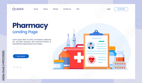 Pharmacy medical drugs, medicine, flat vector illustration banner and background landing page