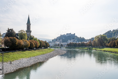 View of the river in Salzburg, Austria. European city in the Alps. 
