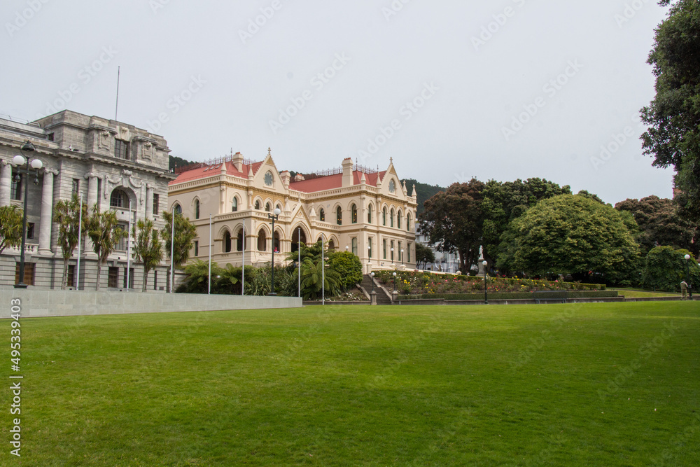 Obraz premium Facade view of New Zealand Parliament buildings and Parliamentary Library, Wellington, New Zealand.