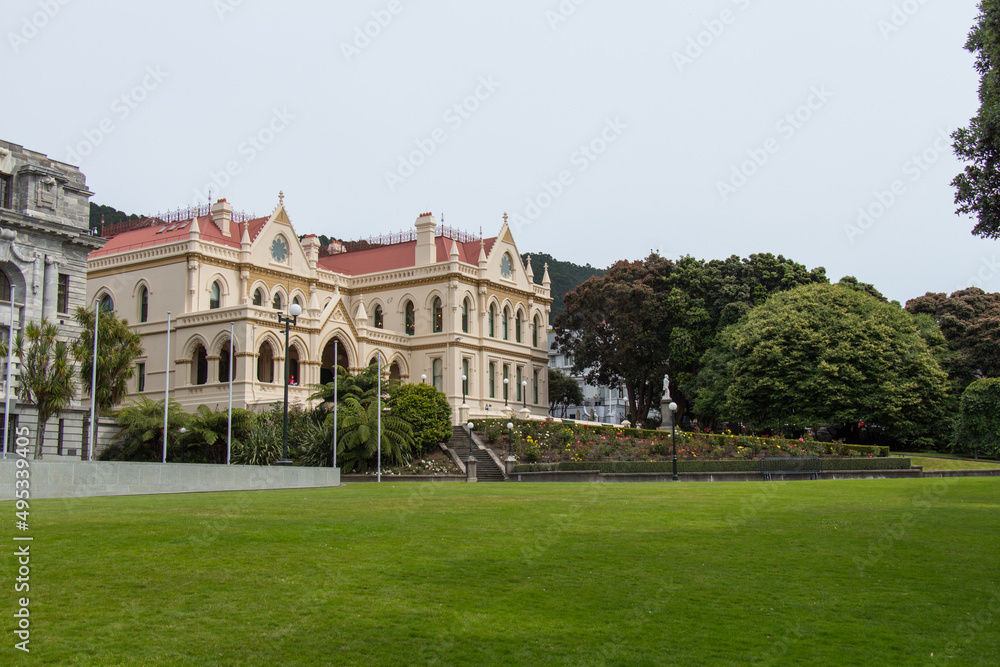 Facade view of New Zealand Parliament buildings and Parliamentary Library, Wellington, New Zealand.