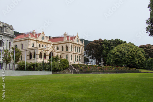 Facade view of New Zealand Parliament buildings and Parliamentary Library, Wellington, New Zealand.