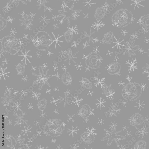 Hand Drawn Snowflakes Christmas Seamless Pattern. Subtle Flying Snow Flakes on chalk snowflakes Background. Beauteous chalk handdrawn snow overlay. Breathtaking holiday season decoration.