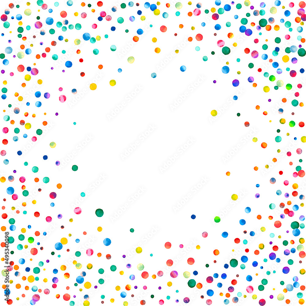 Watercolor confetti on white background. Admirable rainbow colored dots. Happy celebration square colorful bright card. Majestic hand painted confetti.
