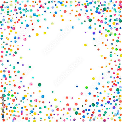 Watercolor confetti on white background. Admirable rainbow colored dots. Happy celebration square colorful bright card. Majestic hand painted confetti.