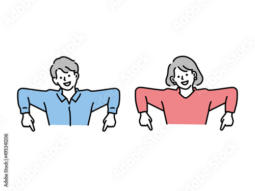 ポイント、注目、発表を表す男女のイラスト(ビジネス、クリック、チェック、指差し、重要、お知らせ、若者) Illustrations of men and women representing points, attention, and presentations. business, click, check, point, important, announcements.
