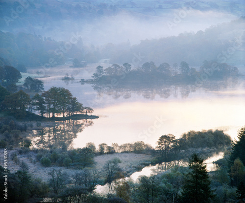 Rydal Water in the Lake District National Park near Grasmere, Ambleside and Windermere. Cumbria, England. Winter morning frost. photo