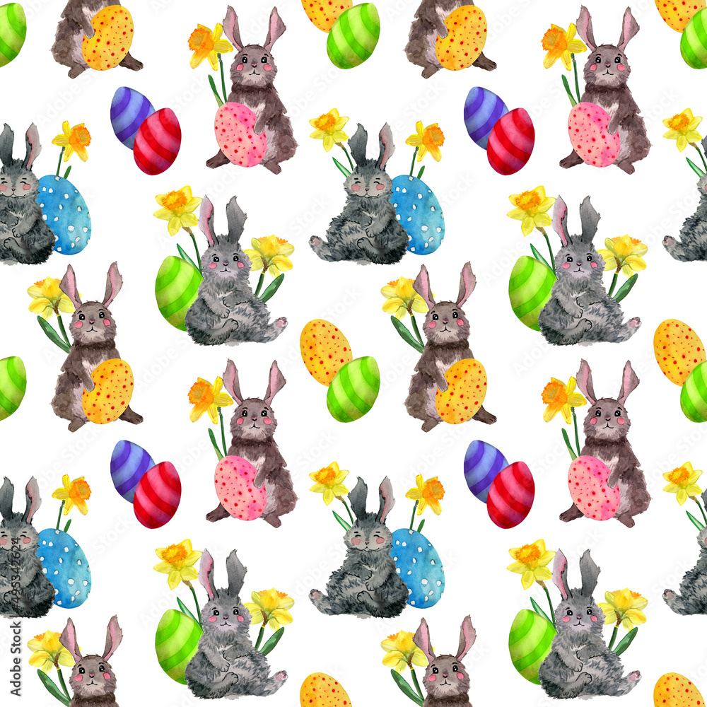Watercolor easter seamless pattern. Illustration of easter bunny and egg, spring flowers. Easter egg hunt background. Design for easter decor, packaging, covers, wrapping paper, invitation cards. Watercolor easter seamless pattern. Illustration of easter bunny and egg, spring flowers. Easter egg hunt background. Design for easter decor, packaging, covers, wrapping paper, invitation cards.