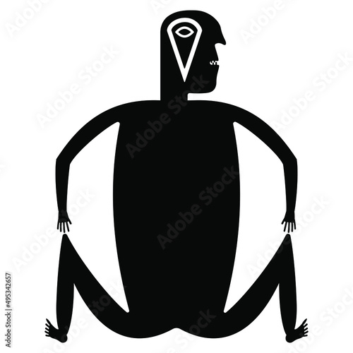 Stylized human figure. Native American art of Mogollon Pueblo Indians. Indigenous Mimbres pottery design. Black and white silhouette.