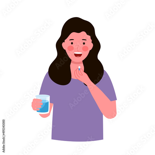 Woman taking medicine for illness treatment. Female take vitamin or supplement capsule pill.