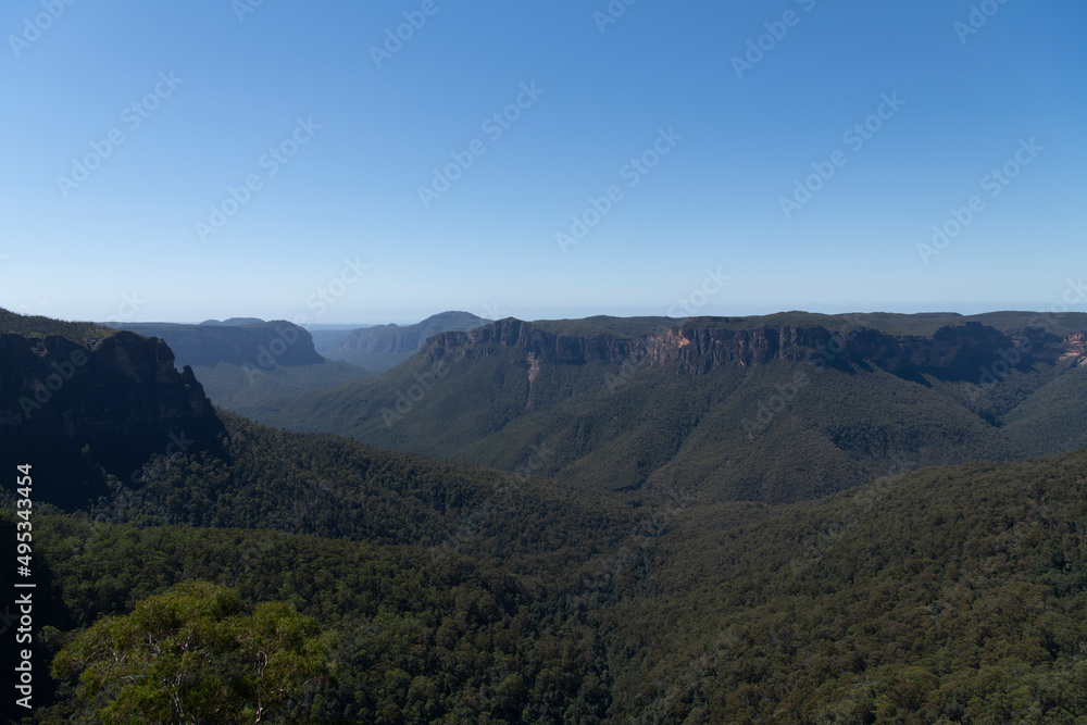 Views from Govetts Leap lookout, Blackheath, Blue Mountains, New South Wales, Australia showing the deep canyons of the Grose Valley
