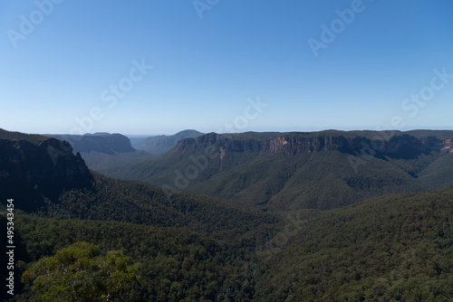 Views from Govetts Leap lookout, Blackheath, Blue Mountains, New South Wales, Australia showing the deep canyons of the Grose Valley