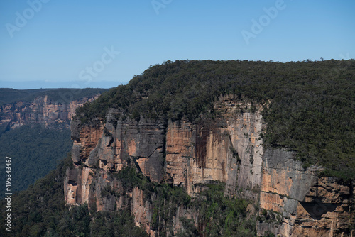 Views from Govetts Leap lookout, Blackheath, Blue Mountains, New South Wales, Australia, including sandstone escarpments, sheer cliff walls, the deep canyons of the Grose Valley