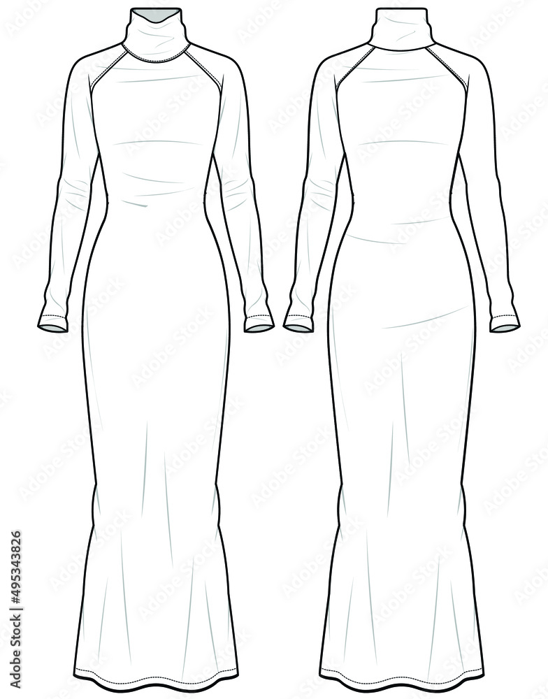Women Winter Long Dress, High Neck Raglan Long Sleeve Knit Maxi Dress,  Turtleneck Long Sleeve Knit Long Dress Front and Back View fashion  illustration, Vector, CAD, technical drawing, flat drawing. Stock Vector