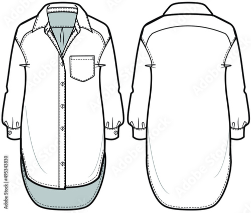 Women back long shirt dress, Women Dipped Hem Long Shirt, Kurta, Front and Back View. fashion illustration vector, CAD, technical drawing, flat drawing.	
