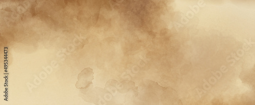 Brown background with watercolor texture grunge painted on border, old vintage brown paper with coffee tea or ink stains