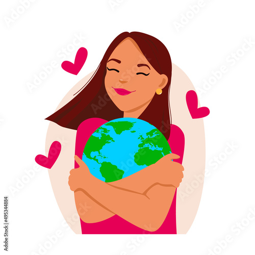 Women hug world heart shape with love earth concept. Woman hugs planet Earth with love and care. Earth day or save planet concept. Flat style vector illustration.