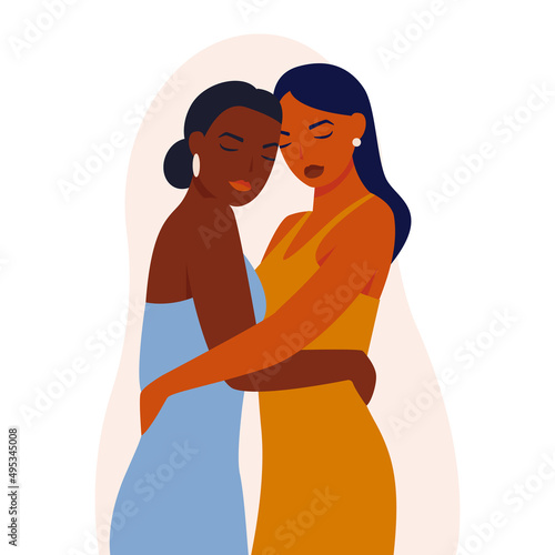 A woman embraces her friend and they look to each other. Concept of fighting for equality and female empowerment movement. Vector illustration. Two girlfriends hugging. Multi-ethnic beauty. 