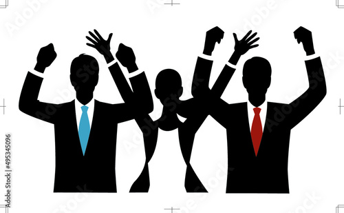 Silhouette of the men and woman to raise both hands