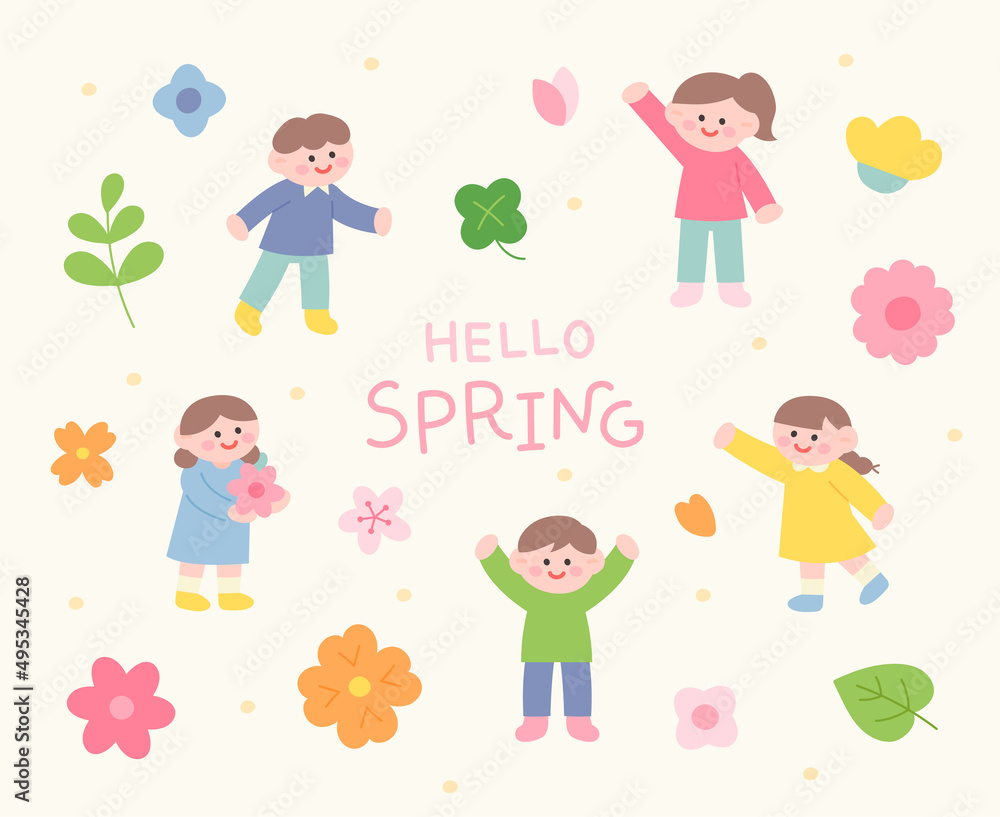 Cute children are making happy faces, and spring flowers are blooming around them. flat design style vector illustration. Cute children are making happy faces, and spring flowers are blooming around them. flat design style vector illustration.