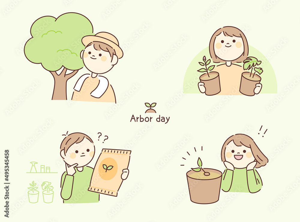 arbor day. People are growing plants. Circle face character. outline simple vector illustration. arbor day. People are growing plants. Circle face character. outline simple vector illustration.