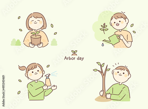 arbor day. People are taking care of plants. Circle face character. outline simple vector illustration.