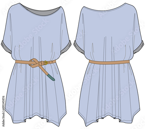 Drop Shoulder Short Sleeve Asymmetric Loose Fit Dress with Belt Front and Back View. Fashion Illustration, Vector, CAD, Technical Drawing, Flat Drawing.