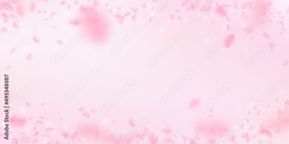 Sakura petals falling down. Romantic pink flowers vignette. Flying petals on pink wide background. Love, romance concept. Ravishing wedding invitation.