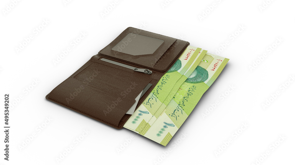 3D rendering of 10000 Iranian rial notes in wallet 3D rendering of 10000 Iranian rial notes in wallet