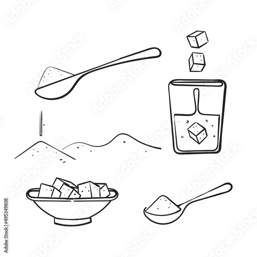 hand drawn doodle sugar cube and spoon illustration icon collection