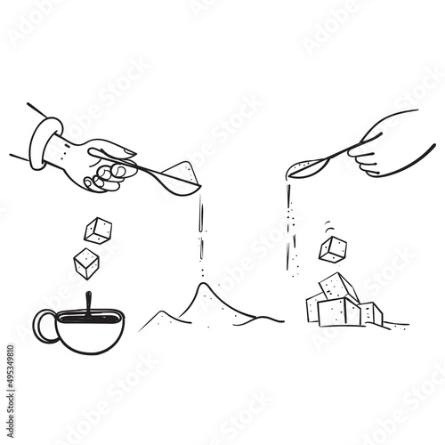 hand drawn doodle sugar cube and spoon illustration icon collection