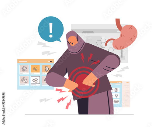 arab woman suffering from abdominal pain injury on belly painful area highlighted in red color girl having stomach ache