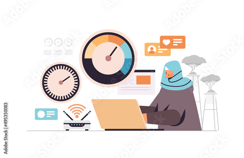 arab businesswoman working on laptop with stress scale emotional overload stress level increased productivity