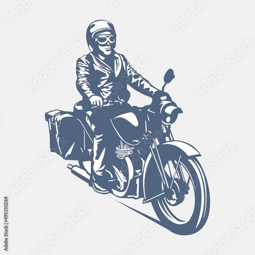Vintage vector illustration of touring man riding a motorbike