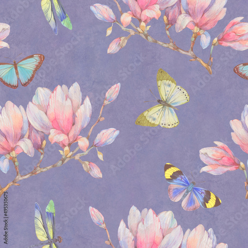 Seamless pattern of butterflies and magnolia flowers. Watercolor illustration for design, ready-made seamless background with delicate flowers and bright butterflies.