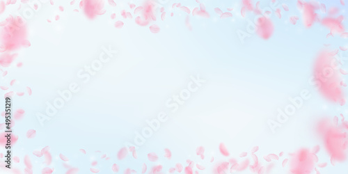 Sakura petals falling down. Romantic pink flowers frame. Flying petals on blue sky wide background. Love, romance concept. Magnetic wedding invitation.