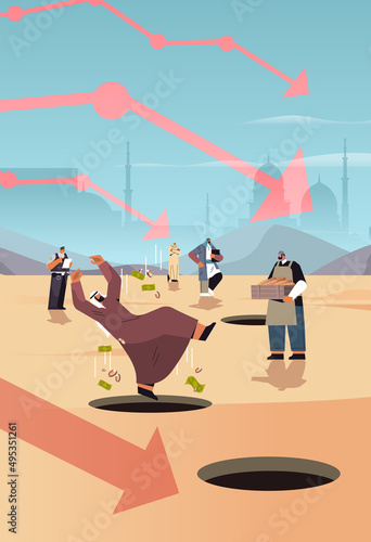 collapse of economy concept arab people of different occupations falling into open manholes world financial crisis bankruptcy