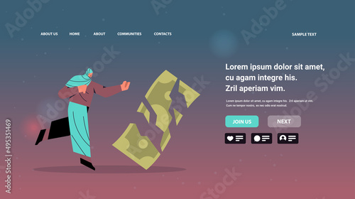 arab businesswoman with broken paper banknote financial crisis bankruptcy concept