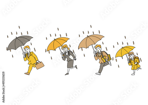 雨の中ダッシュしている人々のセット　コミカルな手書きの人物　ベクター、線画にカラー