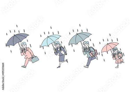 雨の中ダッシュしている人々のセット　コミカルな手書きの人物　ベクター、線画にカラー