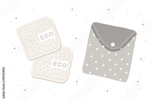 Washable cotton pads with organic textile bag. Bamboo makeup remover wipe. Eco friendly products for skin care. Zero waste concept. No plastic. Vector illustration in flat cartoon style.