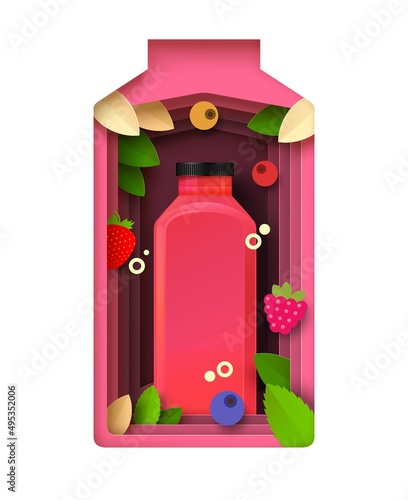Berry fruit juice 3d vector paper cut design