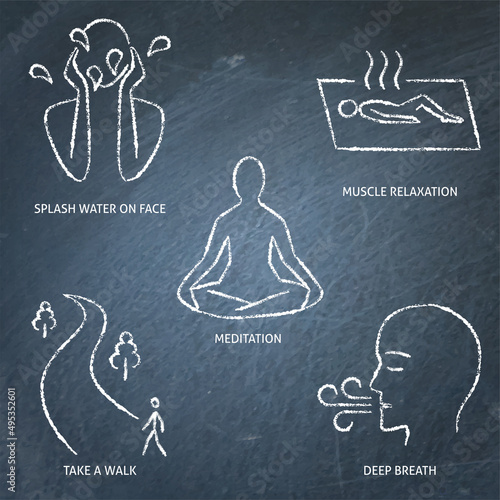 Chalkboard calming activities icon set
