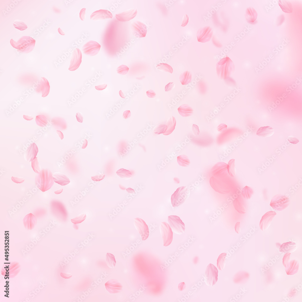 Sakura petals falling down. Romantic pink flowers falling rain. Flying petals on pink square background. Love, romance concept. Overwhelming wedding invitation.