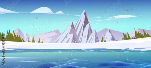 Winter mountains and frozen pond scenery landscape. Nature background with rocks under falling snow flakes. Resort, wild park or garden with white ice peaks under blue sky, Cartoon vector illustration