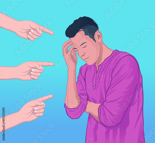 Sad and depressed man surrounded by hands with index fingers pointing at him vector illustration.