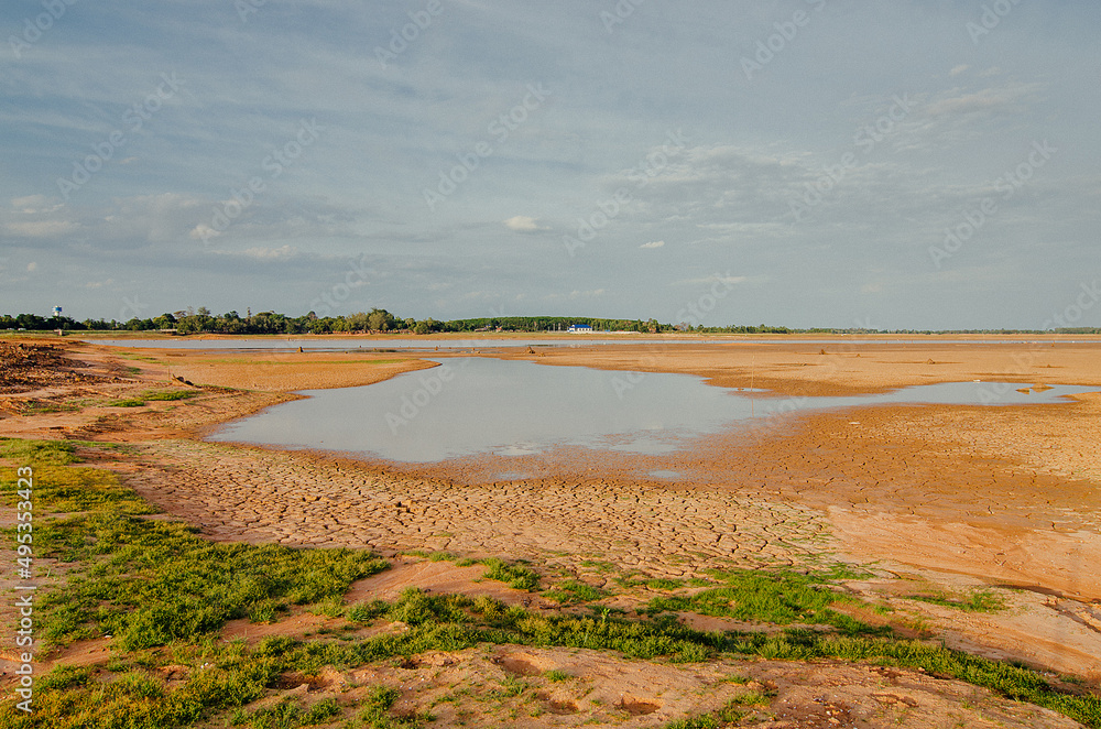 Dried lake and river on summer, Water crisis at thailand and Climate change or drought concept.